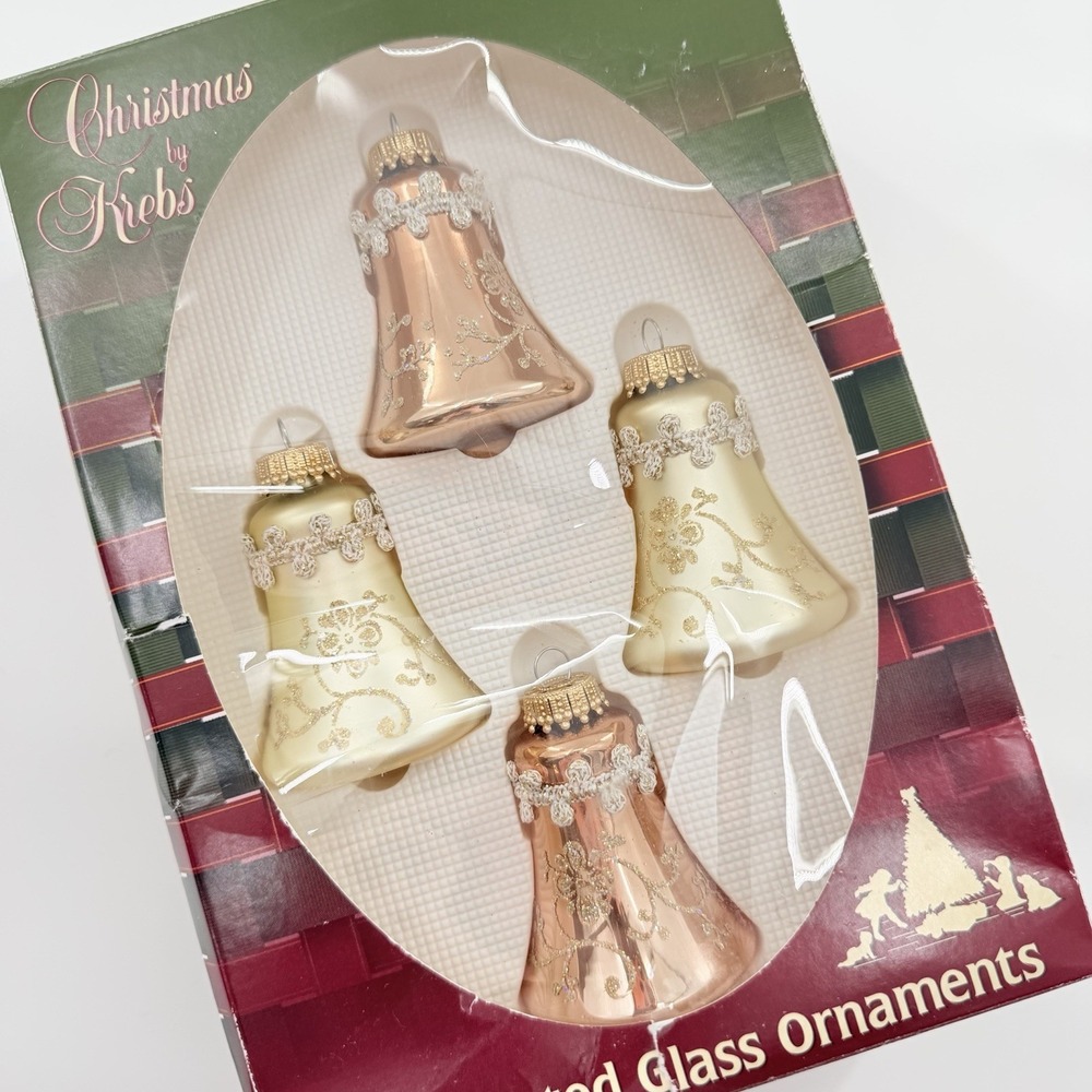 Vintage Glass Ornament Bells Christmas by Krebs '00s Pink Gold Glitter Set of 4 - Picture 1 of 7